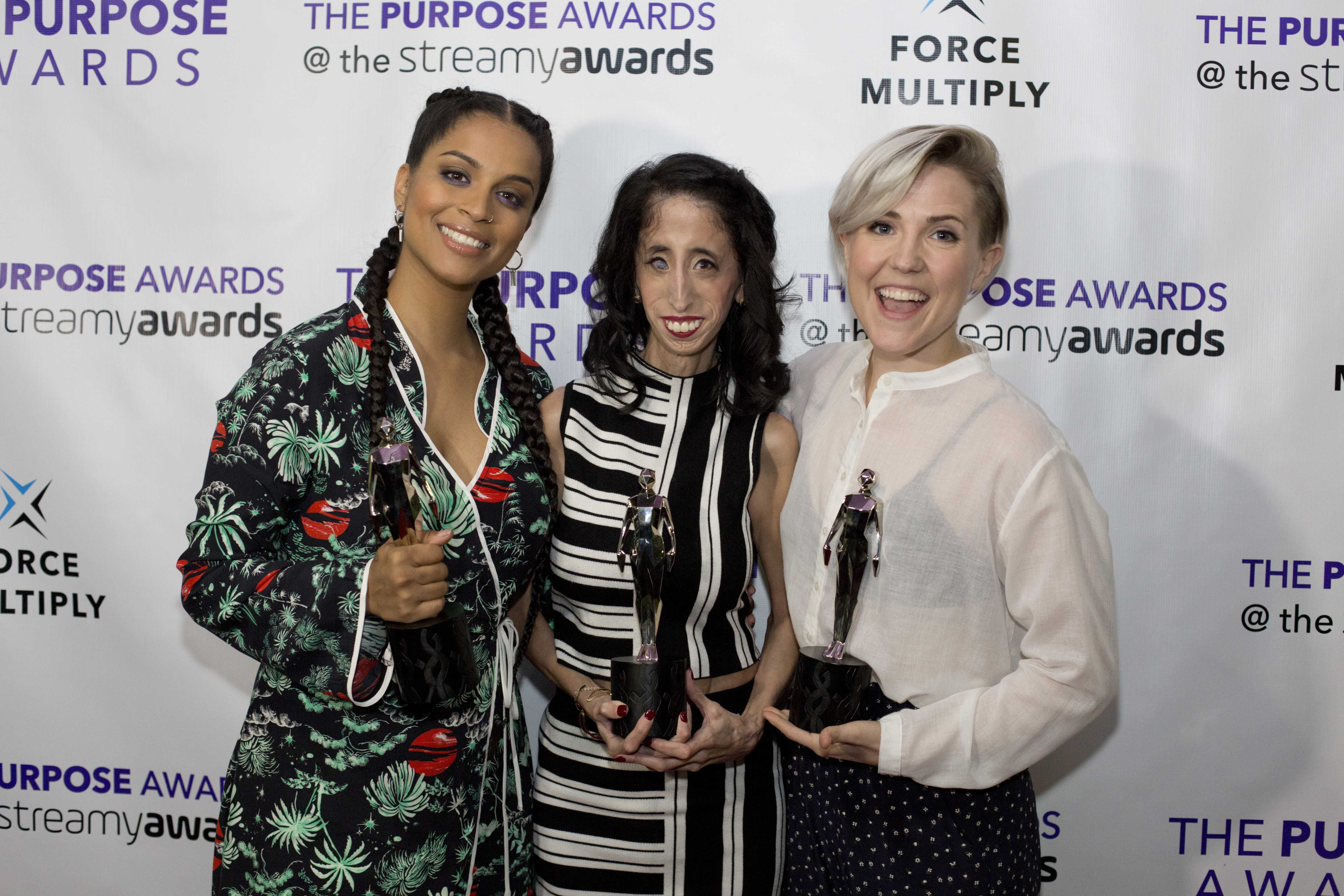 Picture shows Lilly Singh, Lizzy Velasquez and Hannah Hart, at the Purpose Awards @thestreamys, LA Live in Downtown Los Angeles.